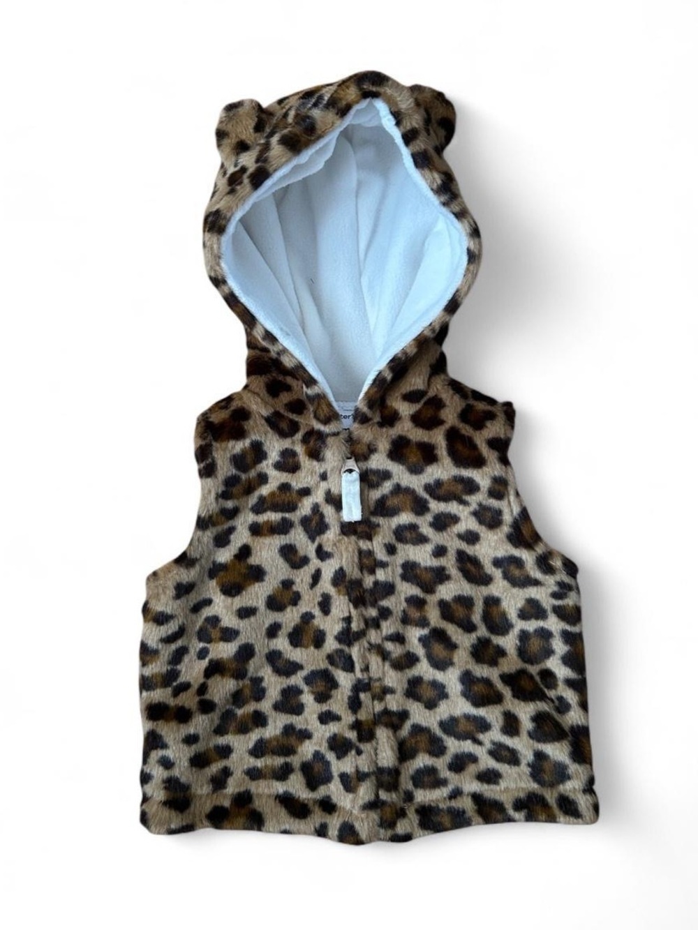 Y2k Millennial Diva Mini Leopard Faux Fur Bear Ears Hooded Baby Vest Brown Cozy